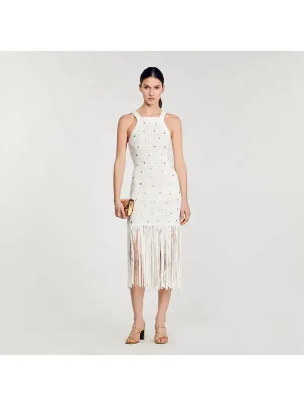 Sandro Fringed White Midi Dress sz 36